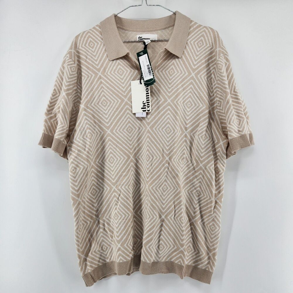 The Commons Men's Off White Large 100% Cotton Geo Sweater Polo‎ NWT